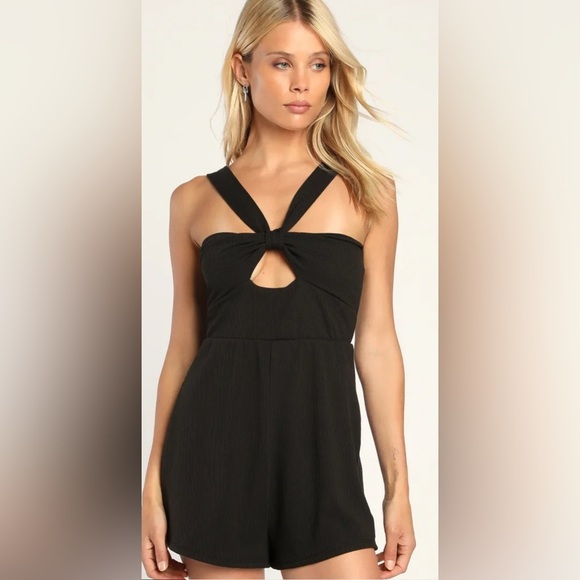 NWT Lulus Chill Vacay‎ Black Ribbed Halter Lounge Romper Size XL - Picture 1 of 11